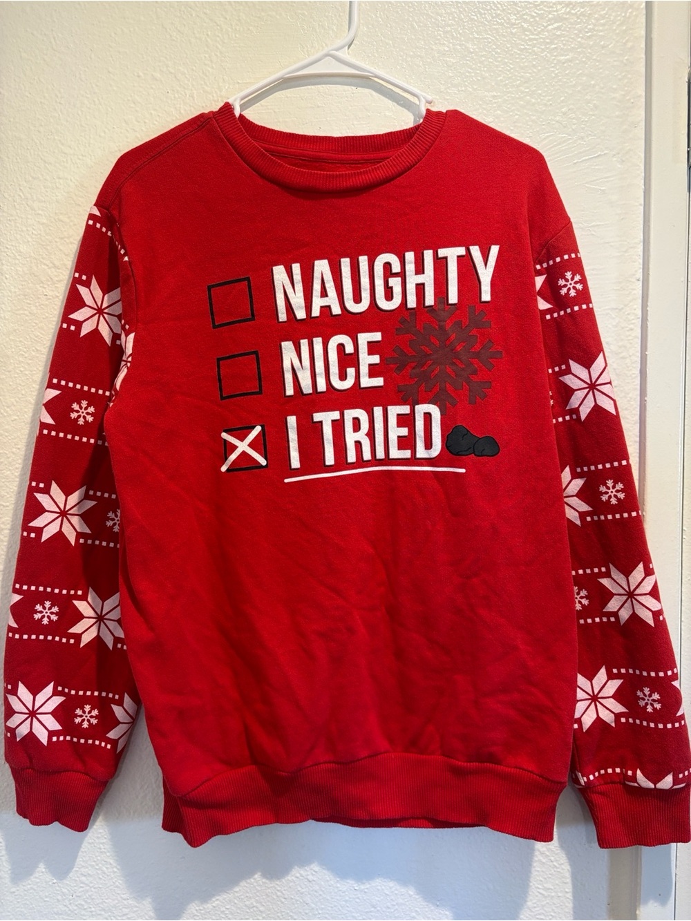 🎄✨ FUNNY "I Tried" Naughty or Nice Ugly Christmas Sweater Crewneck M ❄️🎁